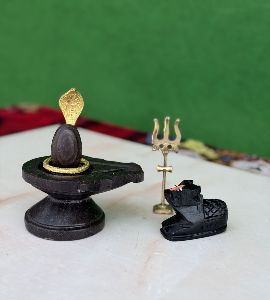 Original 2 Inch Mahamrityunjay Narmadeshwar Shivling with 4 Inch Natural Stone Naag, Trishul & Nandi Jaladhari | Authentic Narmada Shiva Lingam